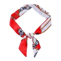 Narrow silk scarf with vintage gold chain print in red, white and black colors - X11-Multi