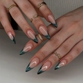 French long almond fake nails with emerald green cat-eye tips and nude base on hands - Bz1663 Starry Moon Club / Jelly Glue + Nail File