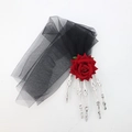 Gothic Halloween hair clip with white skeleton hand, red rose and black mesh veil - Distressed White Skeleton Hand - Veil Style