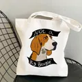 White canvas tote bag featuring a cute beagle dog print and artistic lettering - C25 Not a Big Beagle