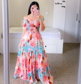 Detail of off-shoulder floral maxi dress featuring elastic smocked bodice and tiered hem - Pink Flower