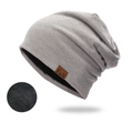 Grey slouchy beanie for women with thick black fleece lining and leather F&S logo - Fleece Lined / Light Gray