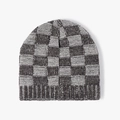 Checkered knit beanie hat in gray and beige checkerboard pattern for winter use - Brown