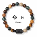 Pisces zodiac bracelet with natural tiger eye beads and engraved metal charm on white background - Pisces-Elastic Style
