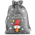 Close-up of gray linen Christmas drawstring bag with merry christmas gnome print - 9*12cm / Christmas 13-Grey Christmas Gnome