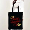 Black Christmas canvas tote bag with red Merry Christmas print and holly leaves - Style 12-Holly Leaves Christmas