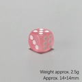 Detail of a pink translucent D6 resin dice, weighing 2.5g with 14x14mm dimensions - Pink