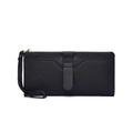 Black long wallet for women, PU leather clutch purse with wrist strap and card slots. - Black