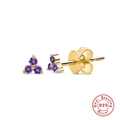 Detail view of S925 sterling silver clover stud earrings with purple crystals and gold plating - Clover Stud Earrings / Gold-Purple