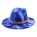 Blauer Fedora Hut im Tie-Dye Stil für Damen und Herren mit goldener Metallkette verziert - M(56-58cm) / Blaues Tie-Dye