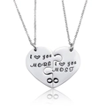 Polished silver heart puzzle necklace for couples with engraved sentimental text - I Love You More & Most Style