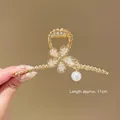 Elegant large gold metal flower hair claw clip featuring a pearl pendant 11cm size - Flower Pearl Pendant Claw Clip