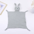 Close-up of grey bunny cotton gauze baby comforter blanket with knotted corners and soft texture - 30*30 cm / Bean Green