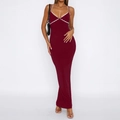 Chic red Y2K bodycon maxi dress with delicate white lace trim and spaghetti straps - S / Burgundy