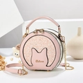 Pink round cat-shaped crossbody bag with sequins, gold chain and plush keychain accessory - Pink