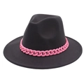 Detailed close-up of charcoal grey wool fedora hat with vibrant pink chunky chain accent - Dark Gray