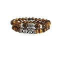 Tiger eye bead bracelet set with silver Buddha head and hollow metal tube charms - Tiger's Eye