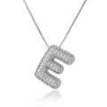 Macro shot of silver letter E bubble pendant with micro-pave cubic zirconia on box chain - Letter E