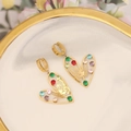 Golden heart earrings with butterfly design and colorful cubic zirconia on ceramic plate - Heart Butterfly Style (7#)