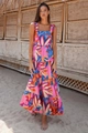 Detail van de bohemian maxi-jurk met kleurrijke bloemenprint en ruches aan de bandjes - S / Blauw-rode Bloemenprint