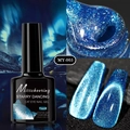 Macro shot of dark blue Starry Dancing cat eye nail gel with metallic glitter particles - Arctic Star Cat Eye 05 (MY-005)