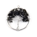 Detailed view of silver tree of life pendant with natural black crystal stones - 3cm / Silver + Obsidian
