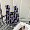 Knit tote bag featuring vintage purple floral pattern on black background for daily use - Black Purple Lavender