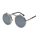 Steampunk flip-up round sunglasses with silver metal frame and dark lenses - Silver Frame White Mirror (C5)