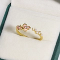 Adjustable golden flower ring with pink enamel petals, white pearls and sparkling zircons - Pink Coated Floral (Gold 22)
