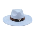 Light blue wide brim cowboy hat with brown leather band and silver bull head ornament - Light Blue