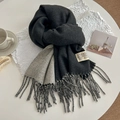 Two-tone dark grey and light beige pashmina scarf with elegant tassels on table - 200cm / Black & White
