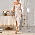 Elegant white sequin evening dress with lace patchwork and high slit for formal parties - White