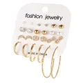 6-piece gold earring set featuring faux pearls, leopard print, and geometric heart shapes - Gold Heart Artificial Pearl Ball 12-Pair Set (EJ579)