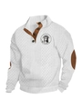 Men's white cable knit sweater with brown button collar and faux leather elbow patches - S / Tops / White (Statue of Liberty Pattern)