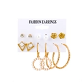 6-pair set of golden geometric earrings with pearls, rhinestones, and rose studs - Gold Clover (9819)