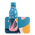 Insulated stainless steel sports bottle with pink floral and blue abstract art patterns - Painted Geometric Cyan