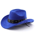Détail d'un chapeau de cowboy en feutre bleu foncé avec emblème de taureau et cuir clouté - M (56-58cm) / Bleu royal