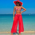 Three-piece red zebra print bikini set with mesh wide-leg pants and matching sun hat - S / Top And Bottom / Red Striped & Red Set