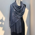 Navy blue metallic shawl scarf with fringe details shown on a professional mannequin - Standard / 180x70cm / Navy Blue