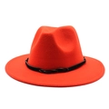 Detail of orange wide-brim wool fedora hat featuring a black woven band and felt texture - Orange Red