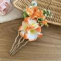 Detailed view of early spring fabric flower hair fork with elegant orange blossoms - Hair Stick / Orange