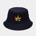 Close-up of gradient leaf embroidery on a navy cotton bucket hat with durable stitching - Navy Blue
