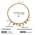 Detail view of gold stainless steel charm necklace with size and weight specifications - JDN0304033 Gold Multi-Charm Style