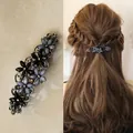 Vintage bronze flower hair clip with black crystals and grey beads in hair - Black Blue - Curved Flower Vintage Spring Clip