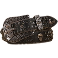 Detail of black crocodile texture leather belt with rhinestones and metal skulls - Black Belt Black Rhinestone Skull