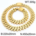 Golden 20mm chunky Cuban chain necklace and bracelet set with hip-hop diamond design - Matte Gold Color Set (KS221710-KJX)