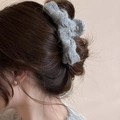 Elegant grey knitted bow claw clip for women's updo hairstyle on beige background - Large Double Bow / 13cm / Gray Double Bow