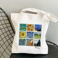 White canvas tote bag featuring Van Gogh artwork prints on a minimalist metal grid chair - Vincent Nine-Grid (STD525-R)