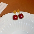 Vintage style wine red square earrings with irregular golden geometric studs - Gold Wine Red Square Vintage Style