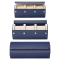 Three-slot dark blue textured PU leather watch roll with beige suede interior and snap buttons - 3 Slots Blue + White
